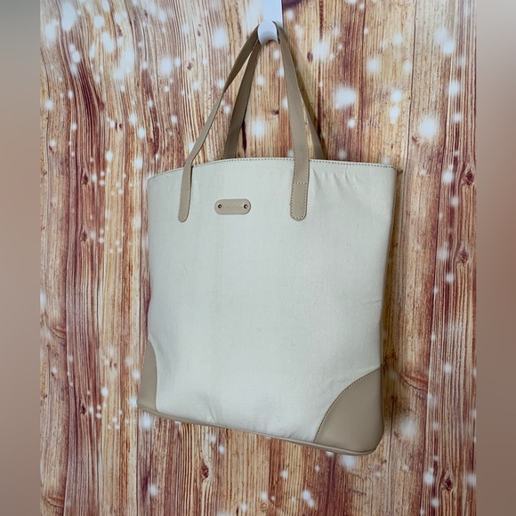 Tote Bag Jaipur October Beige and Tan Vegan Leather Handle drop 9” Like New - Picture 2 of 7